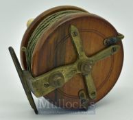 Nottingham 4” wooden and brass star back centre pin reel c. 1920 - Twin handled, centre butterfly