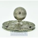 Silver plated Square Mesh Golf Ball Ink Well & Pen Stand: Centre mounted ball with 2 clubs pen