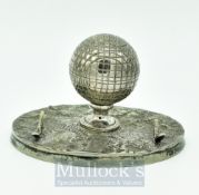 Silver plated Square Mesh Golf Ball Ink Well & Pen Stand: Centre mounted ball with 2 clubs pen