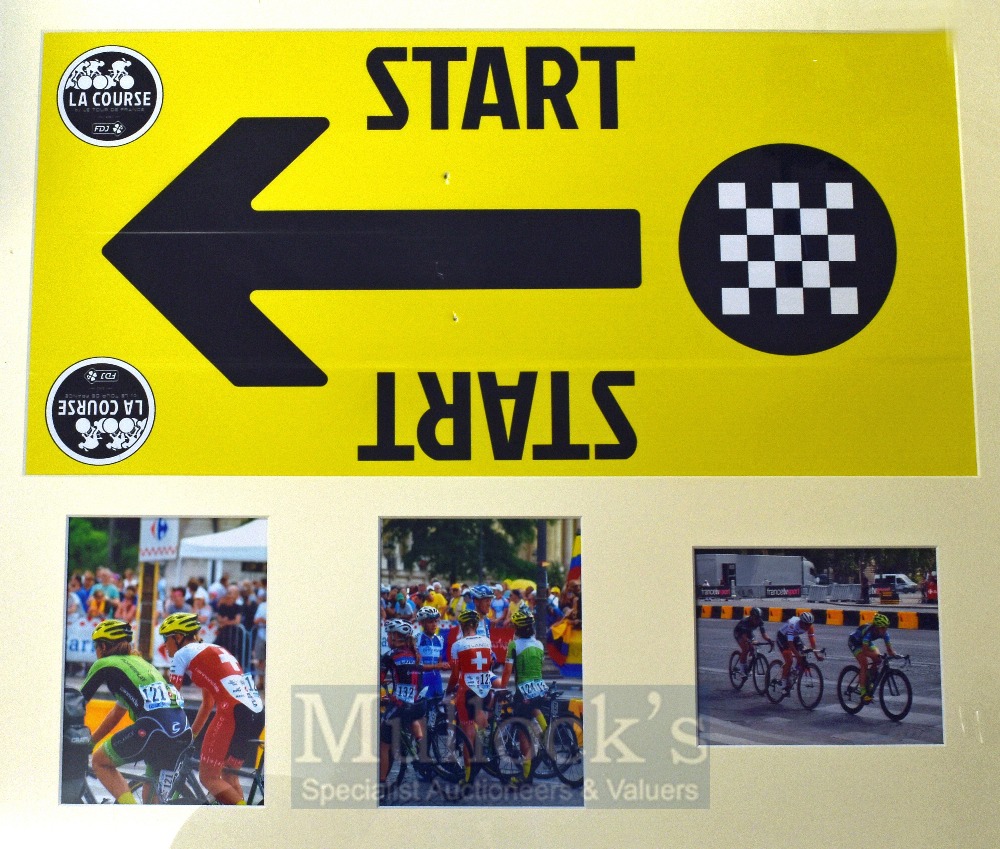 2014 Women’s Tour De France (La Course) Start Sign – Official sign in Black & Yellow with 3 candid