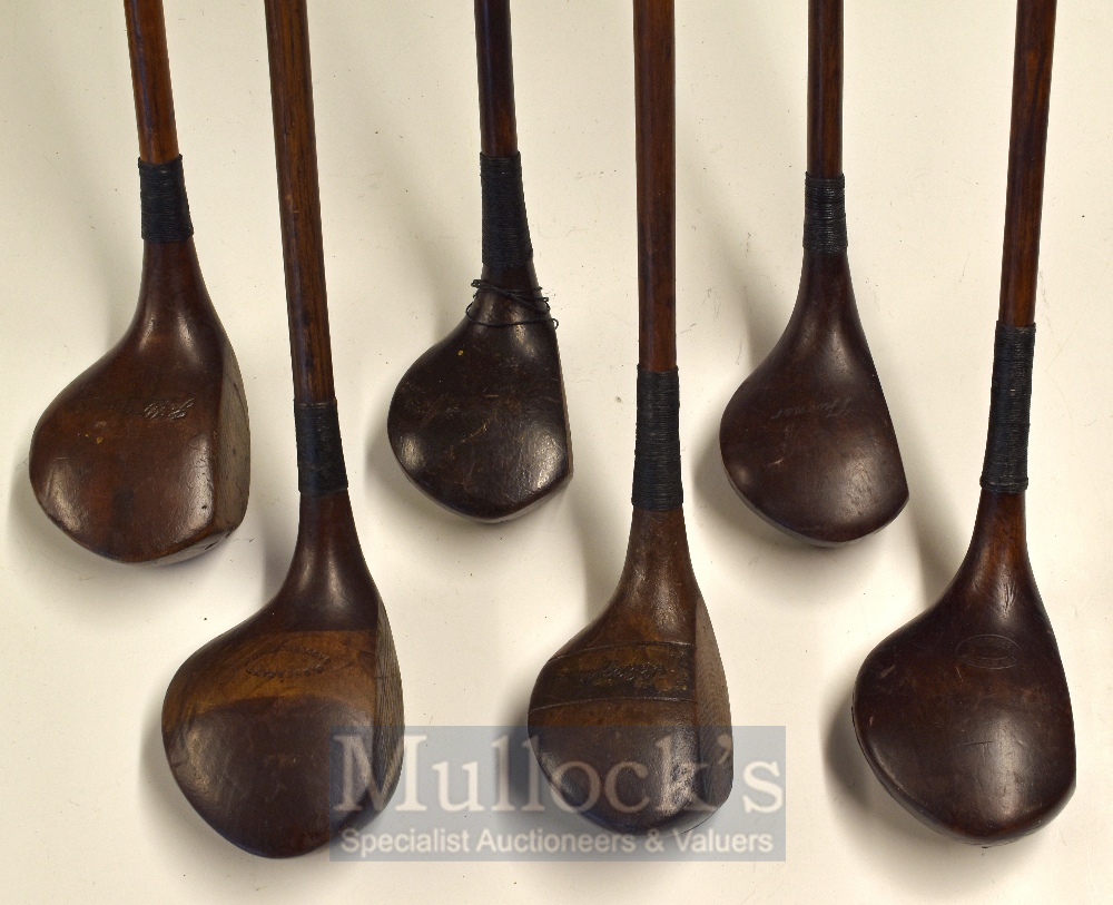 6x Assorted Socket Neck Woods including an S Sherratt stripe top spoon with large head, an A