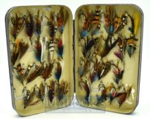 Large P. D. Malloch Perth black japanned salmon size clip fly tin and flies - containing mostly
