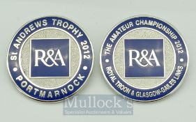 2012 R&A Official Golf Tournament Players Enamel Badges (2): The St Andrews Trophy GB&I v Europe