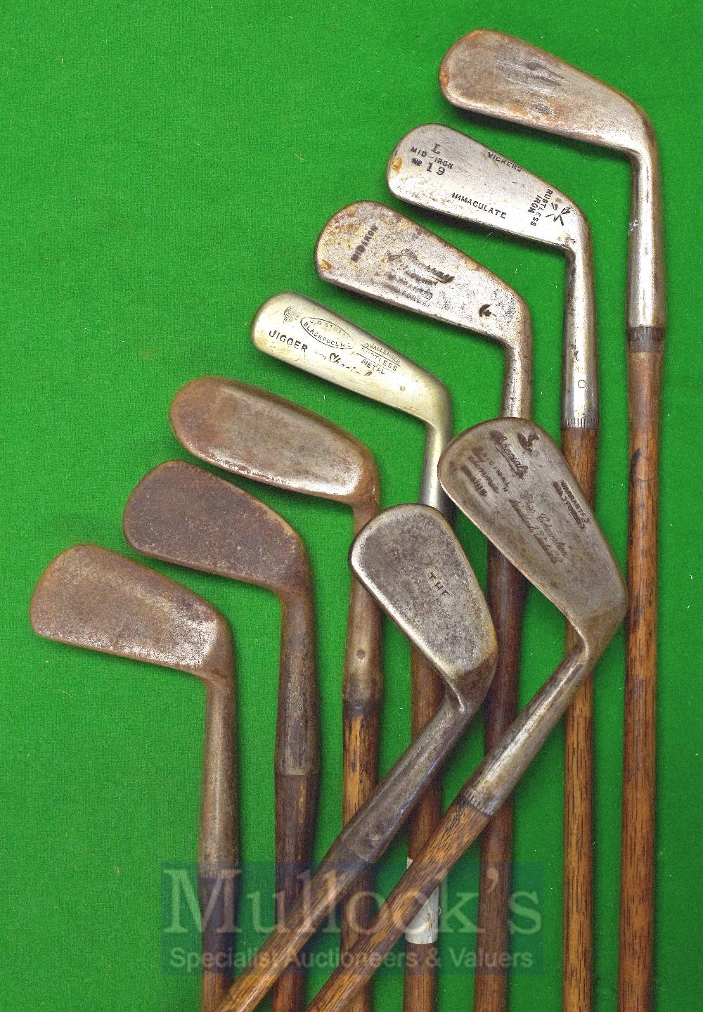 9x Assorted Irons by makers Stewart, Cochrane, Gourlay, Tinnie mashie plus others, together in a