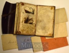 Vic. period leather fly wallet and flies – fitted with parchment leaves containing a variety of