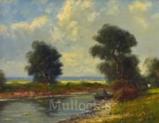 Fishing Oil Painting: river fishing scene oil on canvas signed by the artist – image 15.25 x 19.