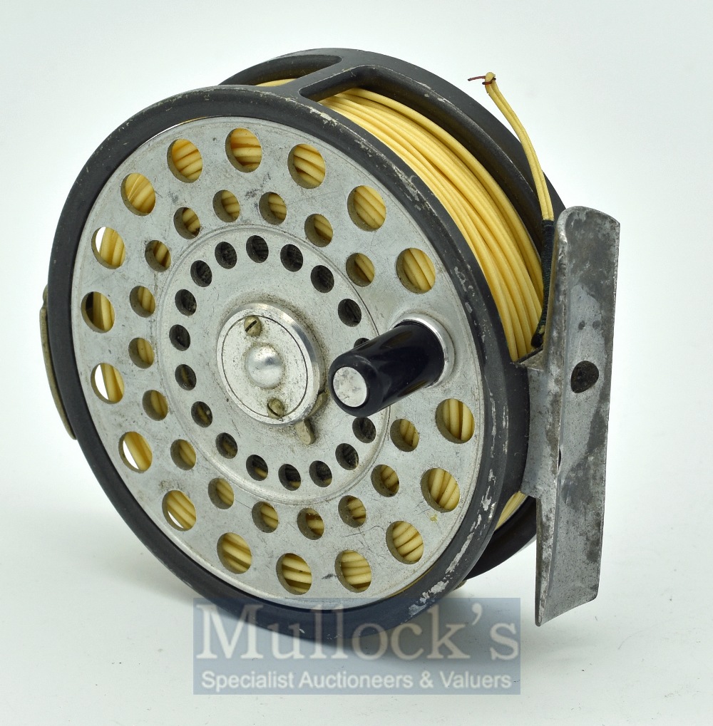 Hardy L.R.H 3 1/8” alloy trout fly reel - smooth alloy foot, perforated face c/w line