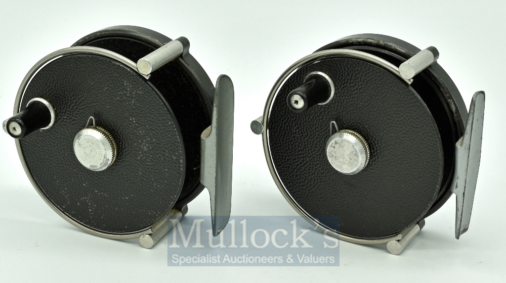 Pair of J W Young Valdex raised pillar alloy fly reels, 3” diameter, black bobble finish, smooth - Image 2 of 2