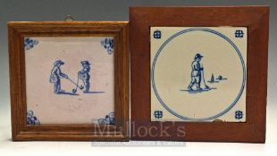 Pair of Blue & White Delft Ware Golfing Tiles: Having 2 golfers in Dutch costume to centre both
