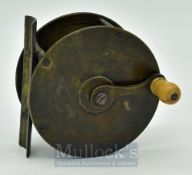 Vic unnamed 3.5” brass crank wind wide drum fly reel - original ivorine handle, original screws to