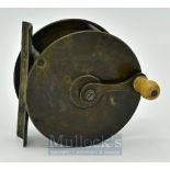 Vic unnamed 3.5” brass crank wind wide drum fly reel - original ivorine handle, original screws to