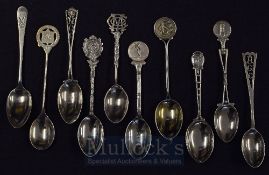 Hallmarked Silver Golf Club Spoons: All having ornate designs featuring golfing figures, motives, (