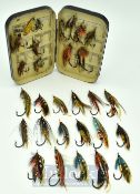 P.D Malloch Perth black japanned clip fly box with a good selection of gut eyed salmon flies - in