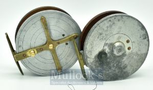 2x Wallis Zephyr Style combination wooden, alloy and brass reels – 4” with brass star back, on/off