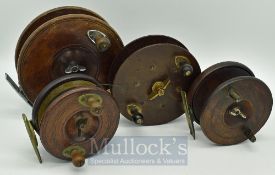 Various Wooden Brass Strap Back Reels – To include Carter & Co London 4”, twin handled centre
