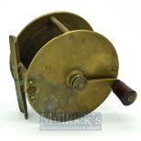Late Vic unnamed 4” brass crank wind salmon reel - lightly curved crank winding arm fitted with a