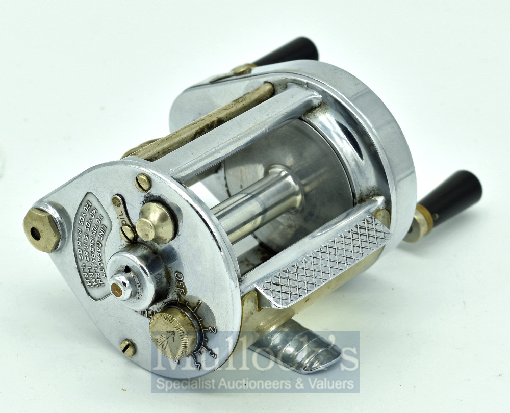 Hardy Elarex multiplier reel, chrome plated, twin handle, level wind brake casting adjuster to rear,