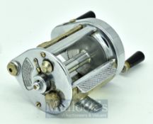 Hardy Elarex multiplier reel, chrome plated, twin handle, level wind brake casting adjuster to rear,