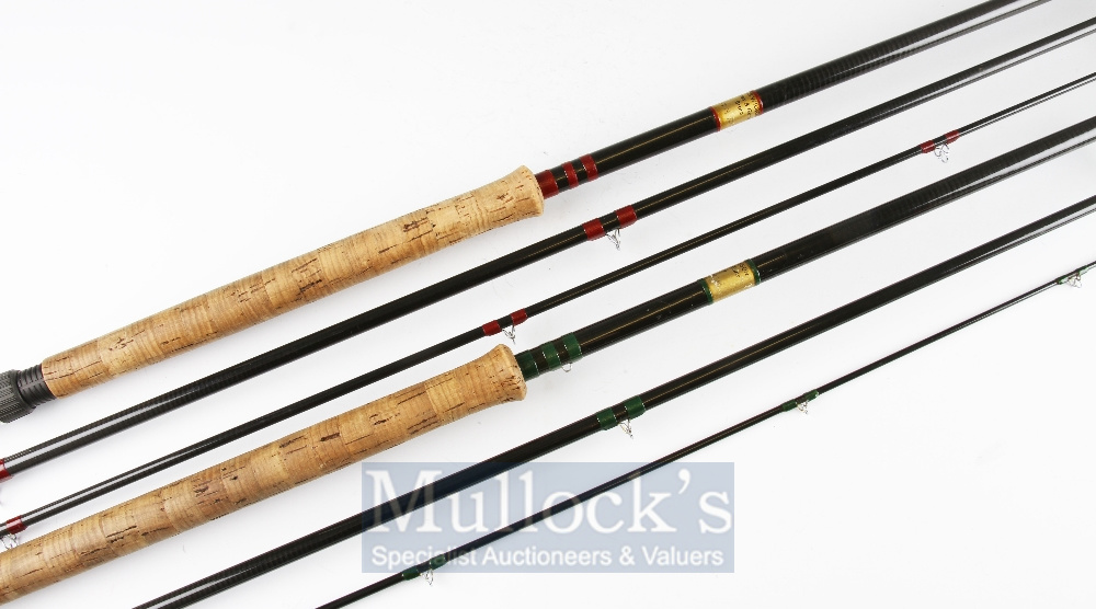 2x Rob Wilson Brora 14ft 3pc carbon salmon fly rods: both with line wt 10# one with green