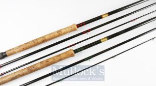 2x Rob Wilson Brora 14ft 3pc carbon salmon fly rods: both with line wt 10# one with green