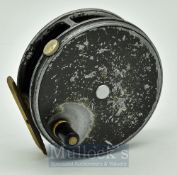 Hardy Perfect 3 5/8” post war alloy trout fly reel, black handle, correct ribbed brass foot, heavy