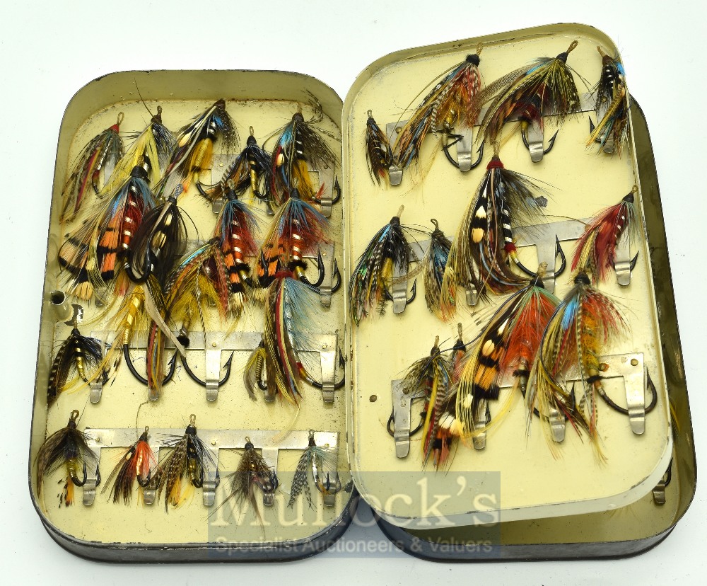 P.D Malloch Perth black japanned swing leaf clip fly box with gut eyed salmon flies – to incl single - Image 2 of 3