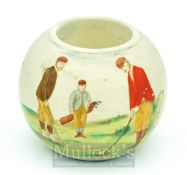 Carlton Ware Match Stick Holder: Heavy ceramic ball with golf transfer design Reg No 333948, 2.5”