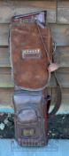 Good period leather oval shaped golf bag c/w leather shoulder strap, travel/accessory hood, and