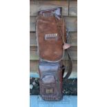 Good period leather oval shaped golf bag c/w leather shoulder strap, travel/accessory hood, and