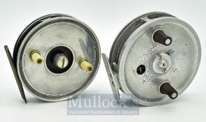 2x centre pins reels - Wallace & Kerr unnamed 3.75” alloy narrow drum reel – smooth brass foot –