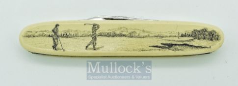 Golfing Pen Knife: with ivorine panels engraved with Golfing scenes, maker Barlow USA, length 7cm