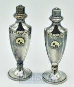 Silver plated Art Deco Golf Salt & Pepper: 2 vase shaped pots having The Grange AISCGC logo on both,