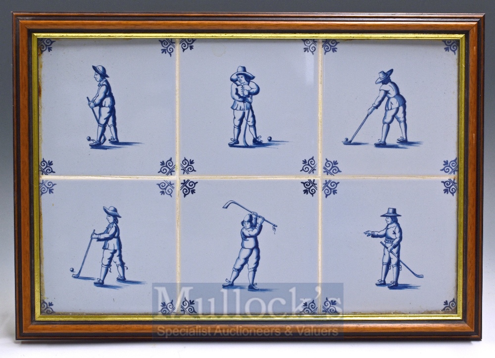 Six Blue Delft Ware Golfing Tiles: Having a single golfer in Dutch costume to centre mounted