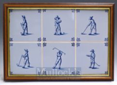 Six Blue Delft Ware Golfing Tiles: Having a single golfer in Dutch costume to centre mounted