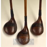 3x Loftum Woods with patent sculptured inlaid brass soles, 2x brassie and a spoon