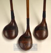 3x Loftum Woods with patent sculptured inlaid brass soles, 2x brassie and a spoon