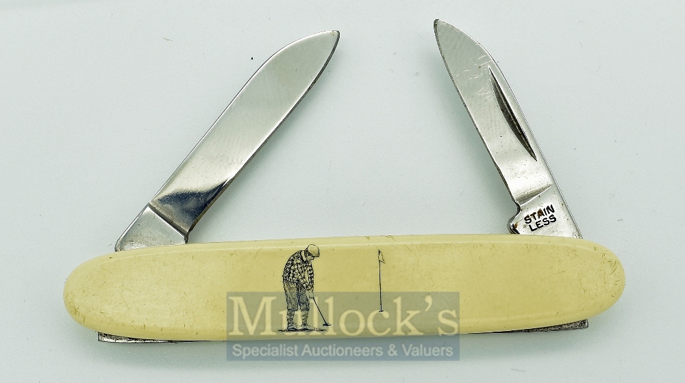 Golfing Pen Knife: with ivorine panels engraved with Golfing scenes, maker Barlow USA, length 7cm - Image 2 of 2