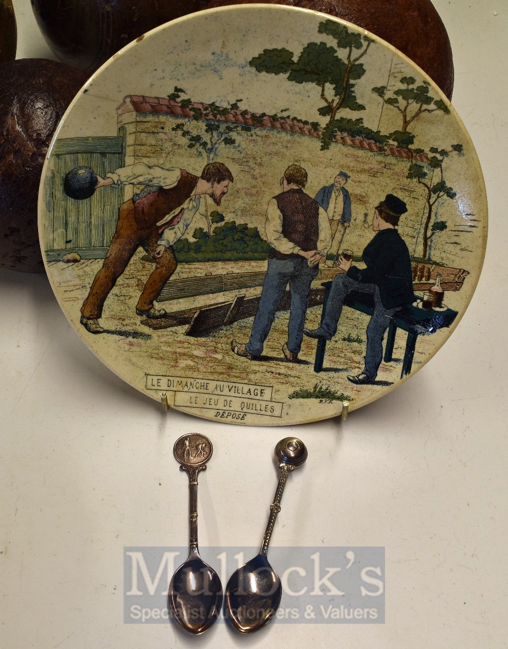Early ‘Quille’ Bowling Game Ceramic Plate with a French village scene ‘Le Dimanche au village le jeu