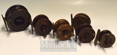 6 Various Wooden Strap Back reels, 5 having brass foot sizes are from 2” to 3.5” (6)