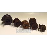 6 Various Wooden Strap Back reels, 5 having brass foot sizes are from 2” to 3.5” (6)