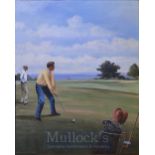 Matthews, Michael (British) ( 1933- ) GOLFERs APPROACHING GREEN (possibly Carnoustie) – oil on board