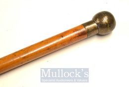 Interesting Walking stick fitted with silver plated bramble golf ball handle – engraved metal socket