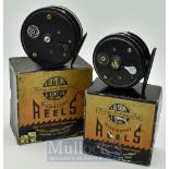 2x J.W Young & Son Beaudex alloy fly reels in makers original boxes - 3” and 3.5” black bobble