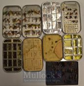 Collection of 5 vintage fly clip boxes comprising Hardy box containing assorted flies together