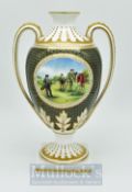 Spode Golf Decorative Vase: Twin handled vase with Golfing painting to front having gold trim 9.5