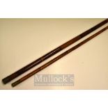 Whole Bamboo Tip/Gaff or Landing Net Staffs (2): both decorative whole bamboo shafts with brass