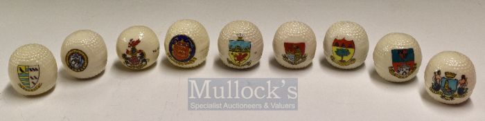 Selection of Crested Ware Bramble Golf Balls: Featuring various towns Arundel, Whitley Bay, Windsor,