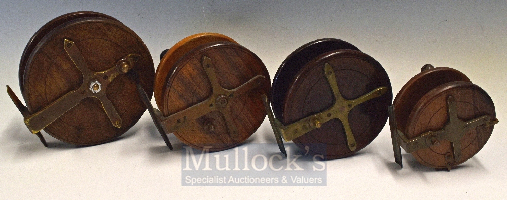 Nottingham wooden & brass Star Back reels, Sun 6” reel with matching black wooden handles patent