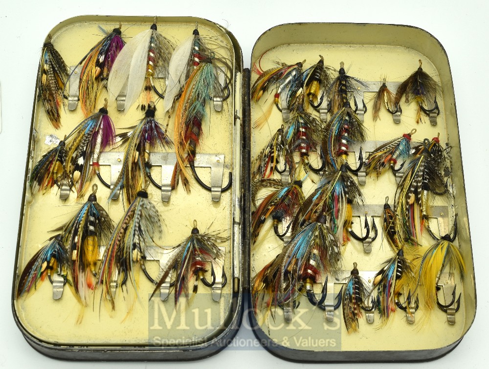 P.D Malloch Perth black japanned swing leaf clip fly box with gut eyed salmon flies – to incl single - Image 3 of 3