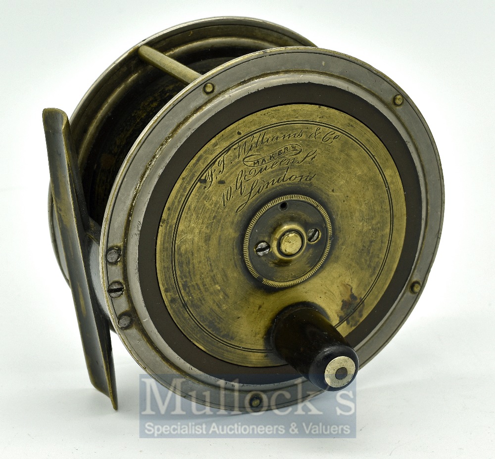 Fine FT Williams Makers 10 Gt Queen St London 4” alloy, ebonite and brass combination fly reel -